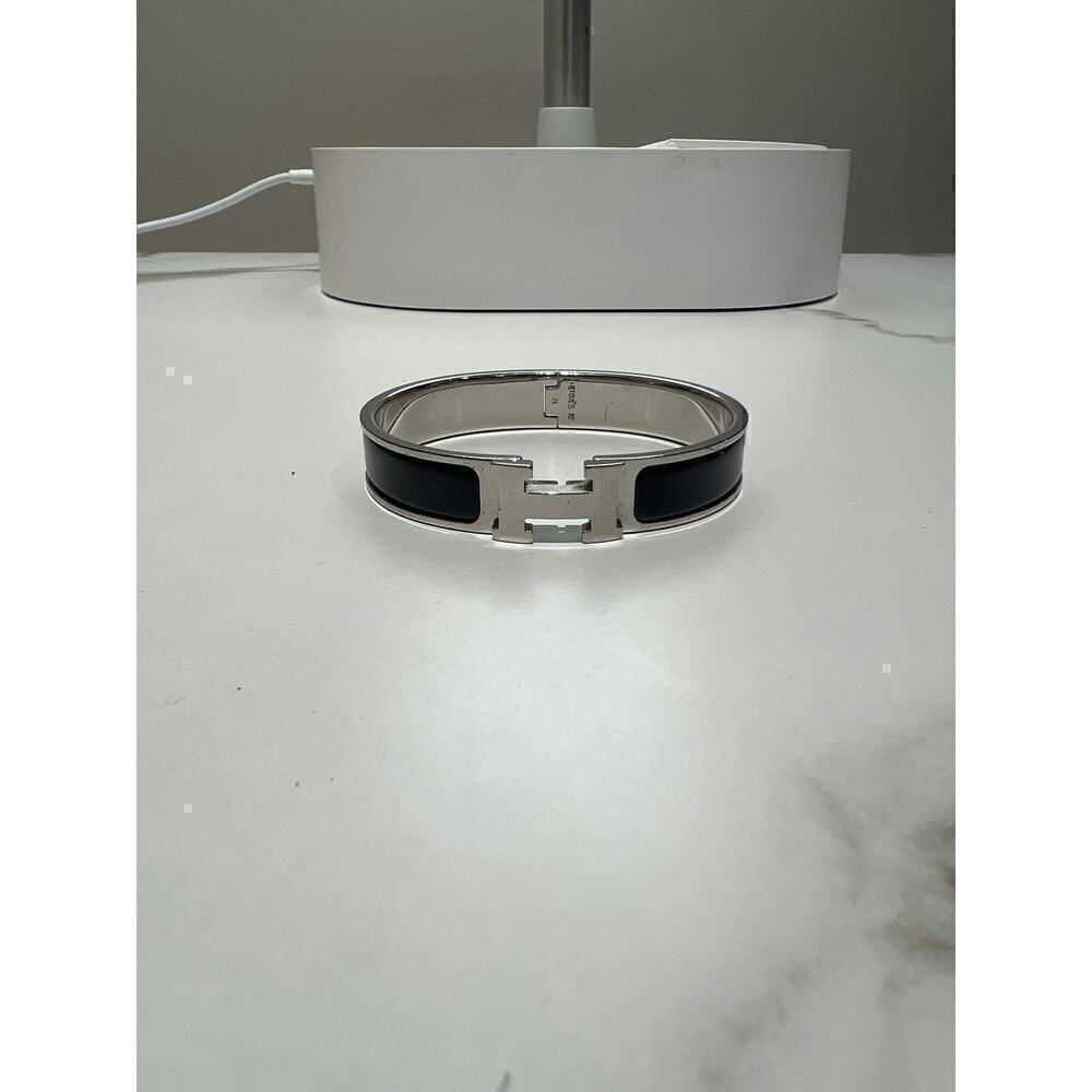 Hermès Clic H Black Enamel Bracelet with Silver Hardware